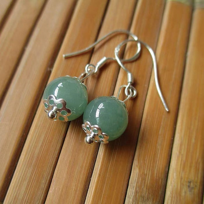 925 Silver Dangle Earrings with Filigree Flower Designs and 8mm Natural Jade Round Beads in Dark Green, Green, or White, Elegant Jewelry