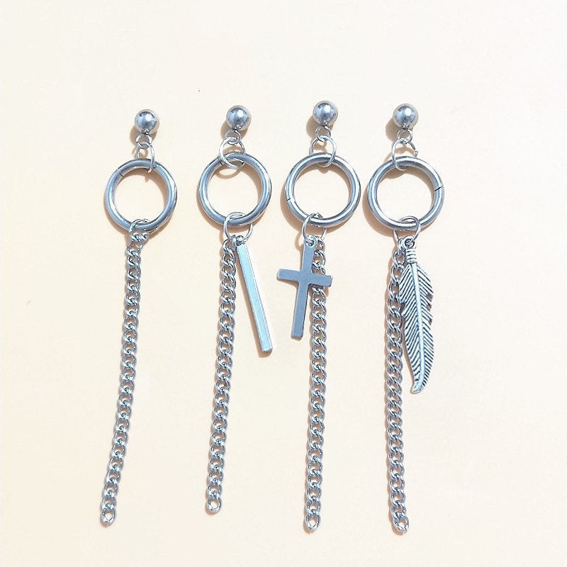 한국 패션 펑크 4개 다른 디자인 귀걸이 스터드 남녀공용 스틸 6-7cm