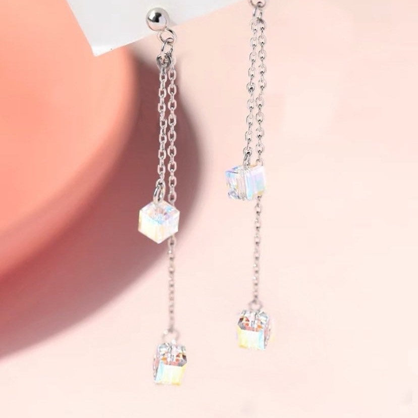 골드 도금/실버 체인 스몰 클리어 Ab 레인보우 큐브 설탕 크리스탈 오스트리아 미니 6mm 귀걸이 7cm