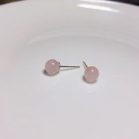 S925 Natural Light Pink 8mm Mozambique Rose Quartz Stud Earrings Stone Stud Post