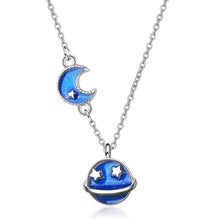 Load image into Gallery viewer, S925 Silver Moon and Saturn Blue Enamel Necklace ~16-17 inches
