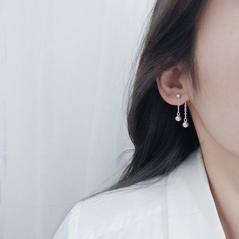 한국어 더블 4mm 스틸 비즈 솔리드 메탈 귀걸이 스터드 4cm