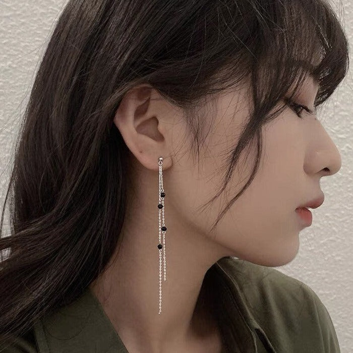 한국식 우아한 3mm 면 처리된 토르말린 블랙 체인 귀걸이 스테인레스 스틸 10cm