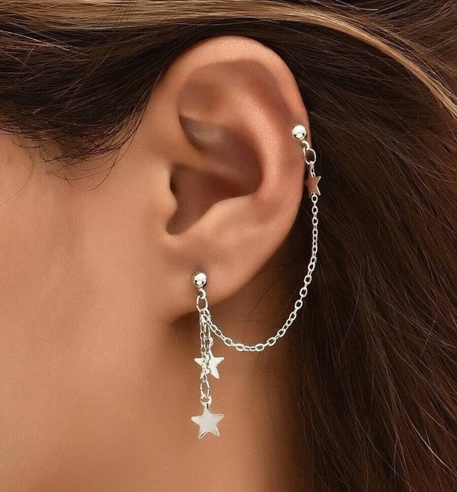 Asymmetrical Stars Chain Stud Steel Earrings, 2-piece Different Design, Stylish and Edgy Jewelry.