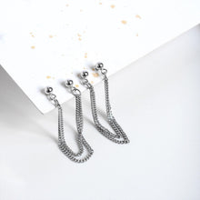 Load image into Gallery viewer, Pair of Korean double layers solid steel chain stud earrings, featuring 2x2mm chains for a stylish layered look, with a total length of 5cm
