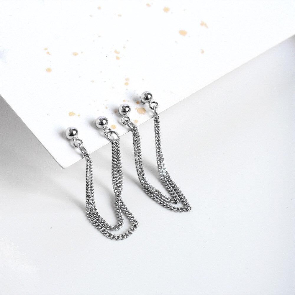 Pair of Korean double layers solid steel chain stud earrings, featuring 2x2mm chains for a stylish layered look, with a total length of 5cm