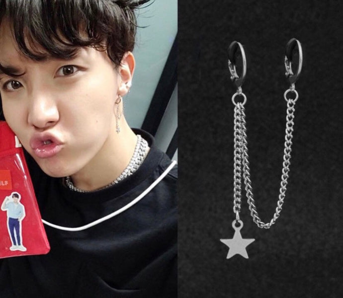 Hoop/stud Korean Kpop style chain double piercing earrings with star charms, 5-6cm long, made from BTS stainless steel in a punk style, available as 1 piece or 1 pair.