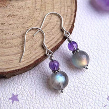 Load image into Gallery viewer, AAAA 925 Silver Dangle Earrings with 9mm Labradorite and 6mm Amethyst Beads, Featuring Intricate Filigree Flower Caps, Elegant Jewelry
