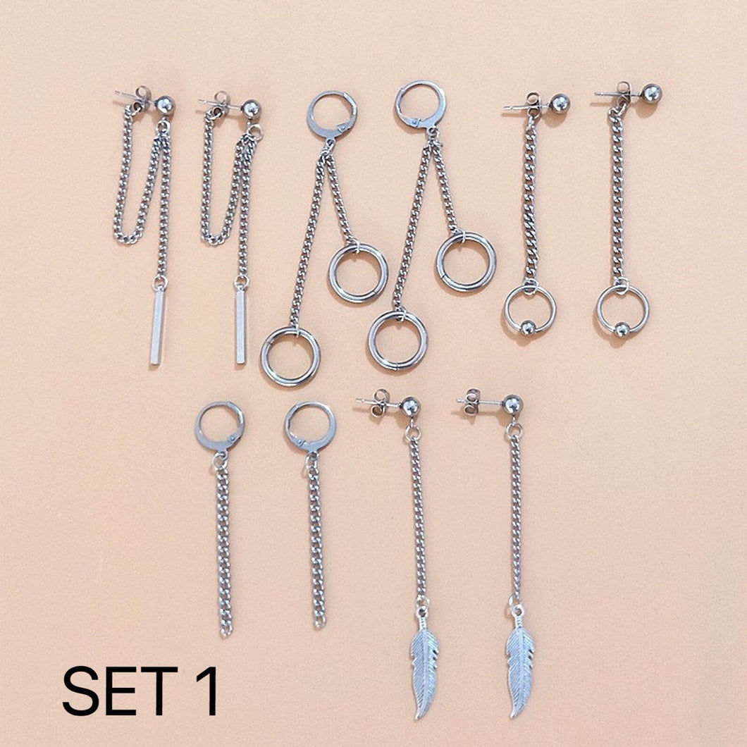 SET of Earrings Punk Style Kpop Chain Link Geometric shapes BTS Inspired Stud Steel Value Pack