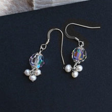 Load image into Gallery viewer, A pair of 18K Gold Plated S925/Silver S925 dangle earrings with clear Aurora Borealis faceted Austrian beads and 3mm natural pearls.
