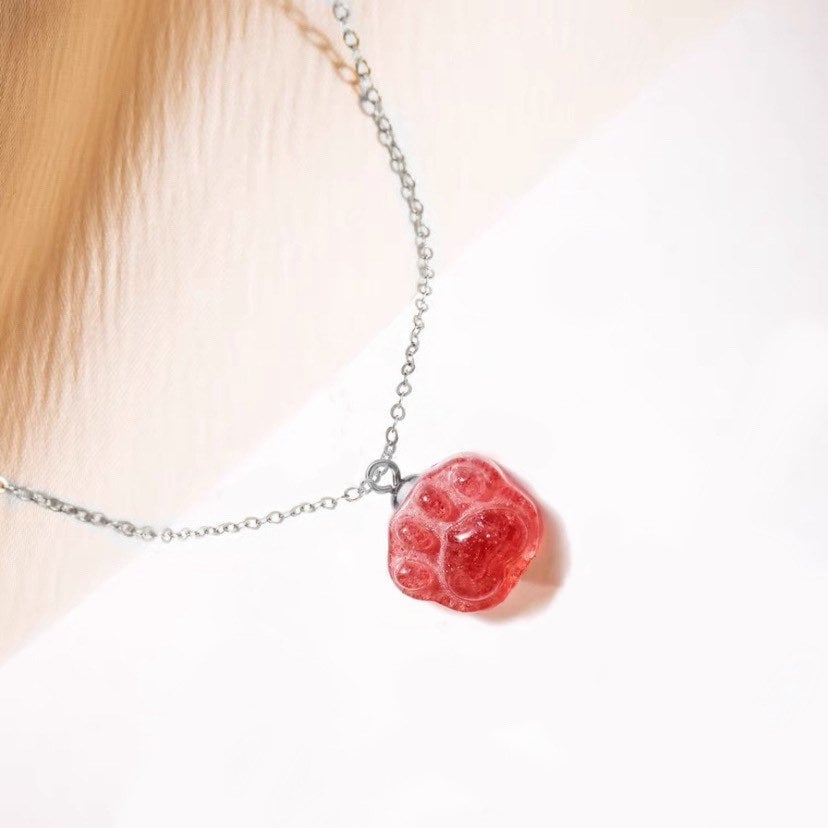 S925 AAA Red Strawberry Quartz 16X14mm Cat Paw 16-18inches Pendant Necklace