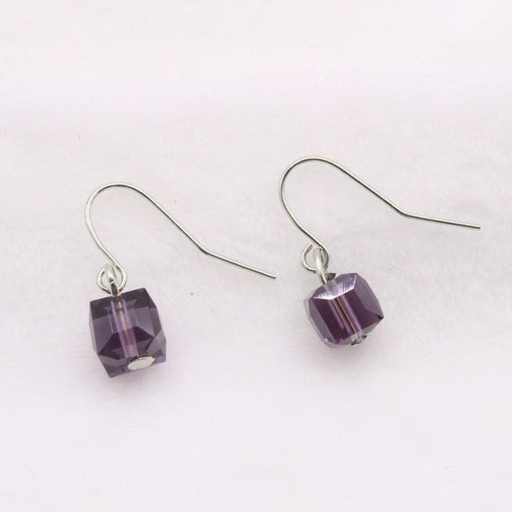 Silver/Gold Steel 6mm Sugar Cube Deep Purple Bead Dangle Earrings