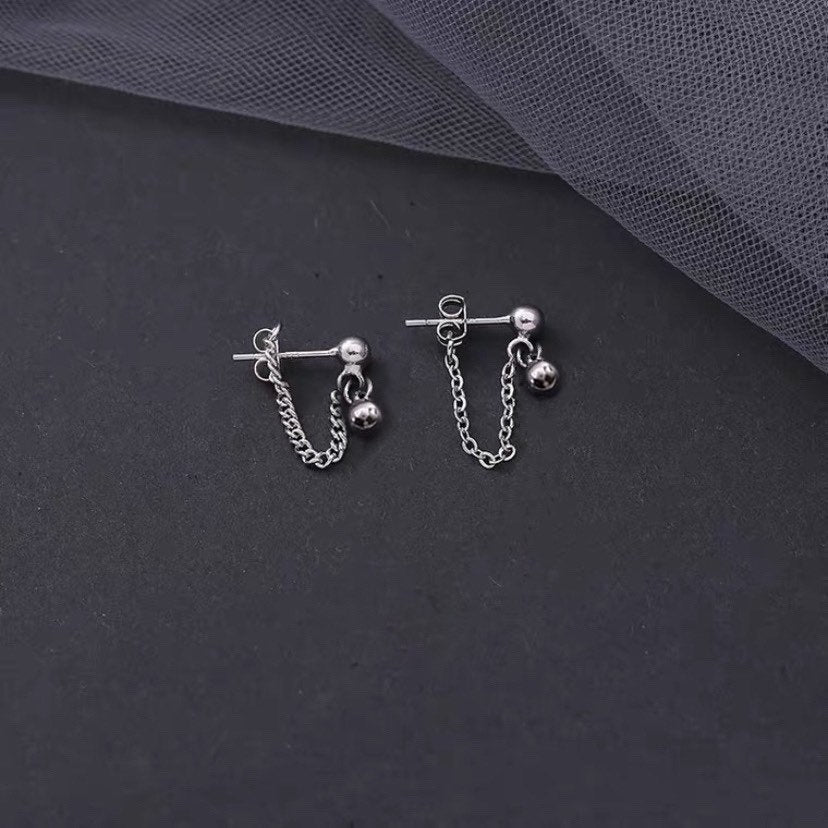 Steel Korean Kpop Style 4mm Beads 2X3mm Short Chain Earrings Stud Trend Unisex 2-2.5cm