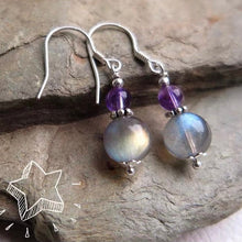 Load image into Gallery viewer, AAAA 925 Silver Dangle Earrings with 9mm Labradorite and 6mm Amethyst Beads, Featuring Intricate Filigree Flower Caps, Elegant Jewelry
