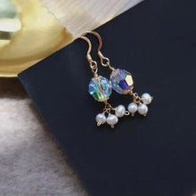 Load image into Gallery viewer, A pair of 18K Gold Plated S925/Silver S925 dangle earrings with clear Aurora Borealis faceted Austrian beads and 3mm natural pearls.
