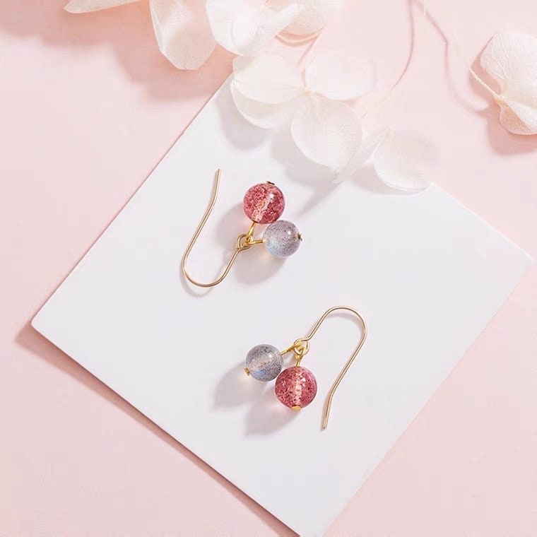 Silver/Gold AAA 8mm Labradorite 8.5mm Strawberry Quartz Cherry Design Style Earrings