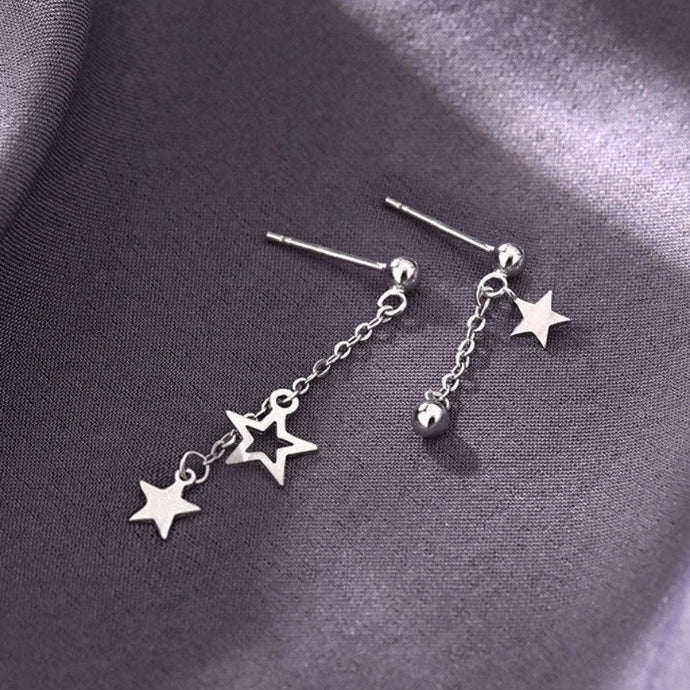 Asymmetrical 2-piece Different Design Korean Fashion Style Star Earrings, Stainless Steel, 5.5cm and 3cm Lengths, Trendy Jewelry.