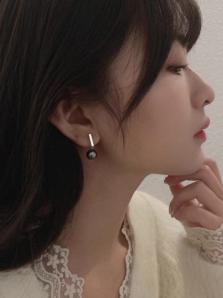 한국 패션 스틸 직사각형 스터드 7.5mm 다크 그레이 크리스탈 진주 귀걸이 2.5cm