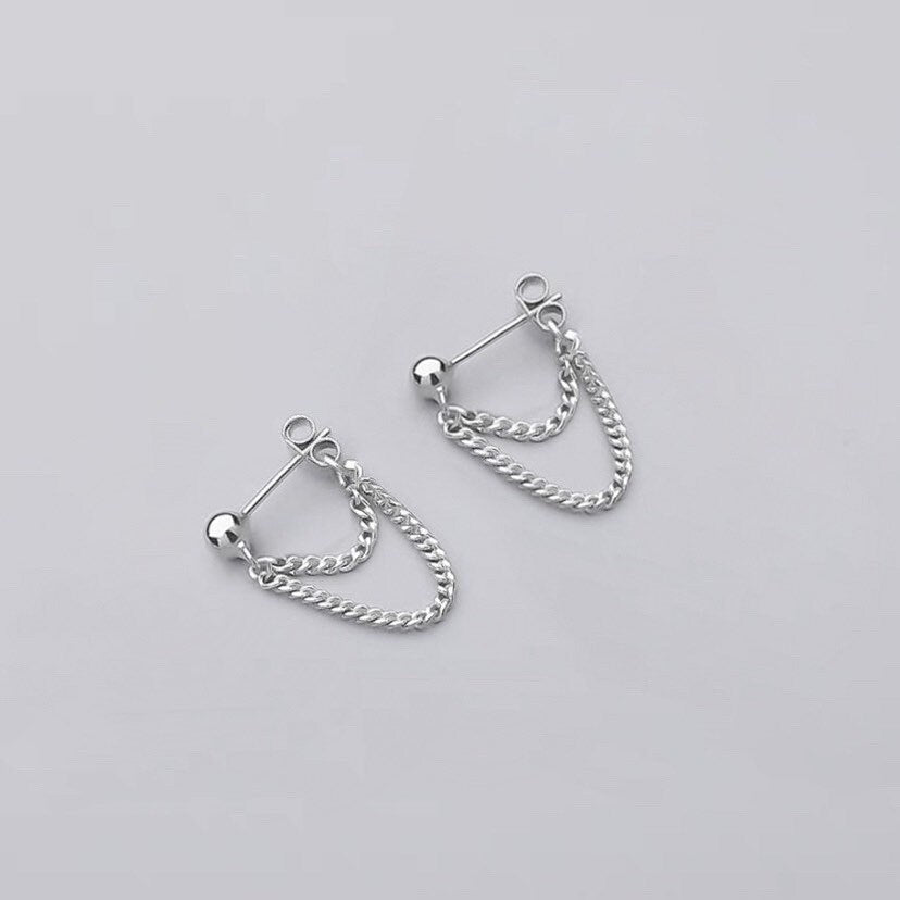 Surgical Steel Korean double 2x2mm Curb chain 3.5cm studs earrings Front To Back