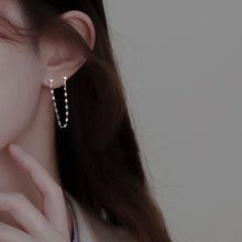 Load image into Gallery viewer, Pair of hypoallergenic stainless steel double piercing Korean coffee bean chain earrings, featuring minimalist studs with a 4-4.5cm chain design, perfect for K-pop and BTS fans.
