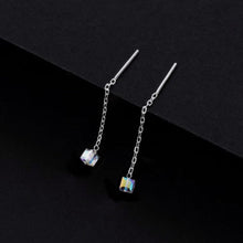 Load image into Gallery viewer, Threader earrings featuring 6mm clear AB sugar cube rainbow beads, available in 5cm, 8cm, and 10cm lengths, showcasing a vibrant and playful design.
