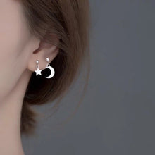 이미지를 갤러리 뷰어에 로드 , Asymmetrical 2-piece Different Design Earrings with Moon and Star Charm Studs, Steel, Chic Jewelry.
