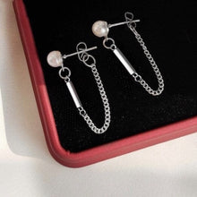 Load image into Gallery viewer, Korean Fashion 5mm Crystal Pearls 1cm Stick Charm Silver Chains Earrings
