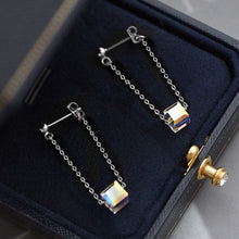 Load image into Gallery viewer, Dazzling earrings featuring stainless steel rainbow clear AB sugar cube beads in 6mm or 8mm sizes, with a 4cm length for a playful dangle effect.
