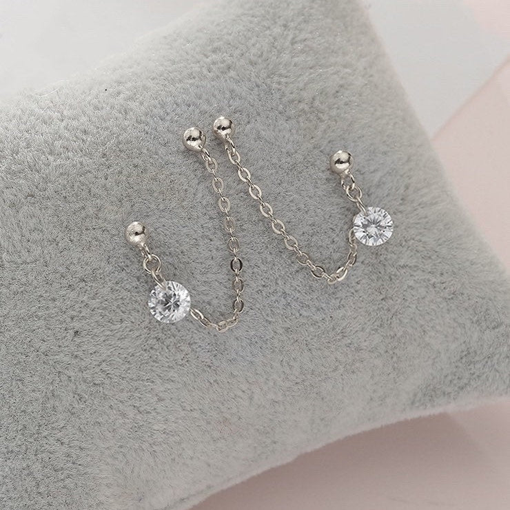 Pair of stainless steel earrings with cable chain and 5mm cubic zirconia studs, measuring 2.5cm in length