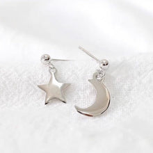 이미지를 갤러리 뷰어에 로드 , Asymmetrical 2-piece Different Design Earrings with Moon and Star Charm Studs, Steel, Chic Jewelry.
