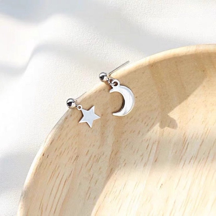 Asymmetrical 2-piece Different Design Earrings with Moon and Star Charm Studs, Steel, Chic Jewelry.