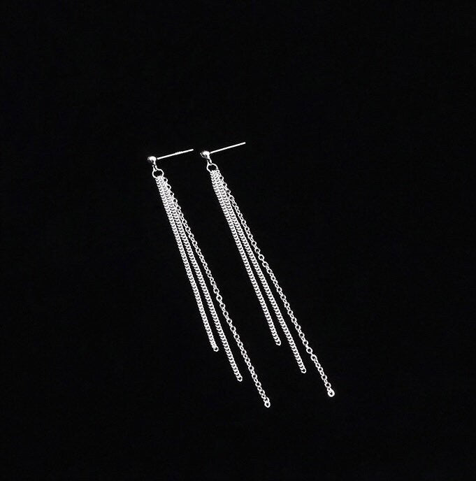 A pair of solid steel earrings with a 3-layer cable curb chain design, measuring 7cm in length. These earrings are inspired by Korean BTS style Kpop fashion, perfect for making a bold statement.