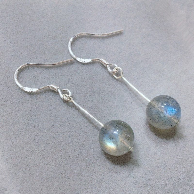 Silver Dangle Hook 8mm AAA Labradorite Gemstone Earrings