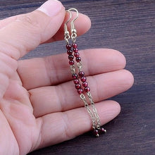 Load image into Gallery viewer, Wine red garnet natural gemstone dangle earrings with 3mm round beads, 7cm length.
