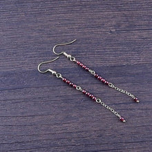 Load image into Gallery viewer, Wine red garnet natural gemstone dangle earrings with 3mm round beads, 7cm length.
