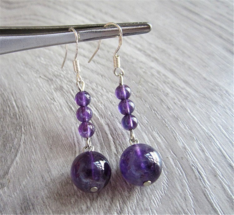 925 Silver Dangle Earrings with Amethyst 4mm and 10mm Round Beads, Elegant Jewelry