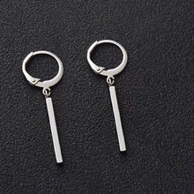 Load image into Gallery viewer, Pair of BTS style hoop lever back earrings with 2cm rectangle charms, crafted from durable steel.
