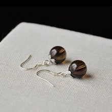 Load image into Gallery viewer, 925 Silver Dangle Earrings with 8mm Natural Smoky Quartz Crystal Beads and Flower Bead Caps, Elegant Jewelry
