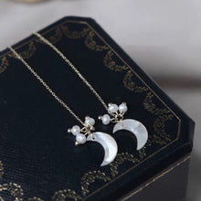 Load image into Gallery viewer, Crescent Moon 3mm Natural Pearls 11mm Mother of Pearl Shell Threader Earrings 12cm
