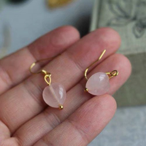 925 Silver Dangle Earrings with 12mm Large Natural Rose Quartz Love Heart Shapes, Romantic Jewelry