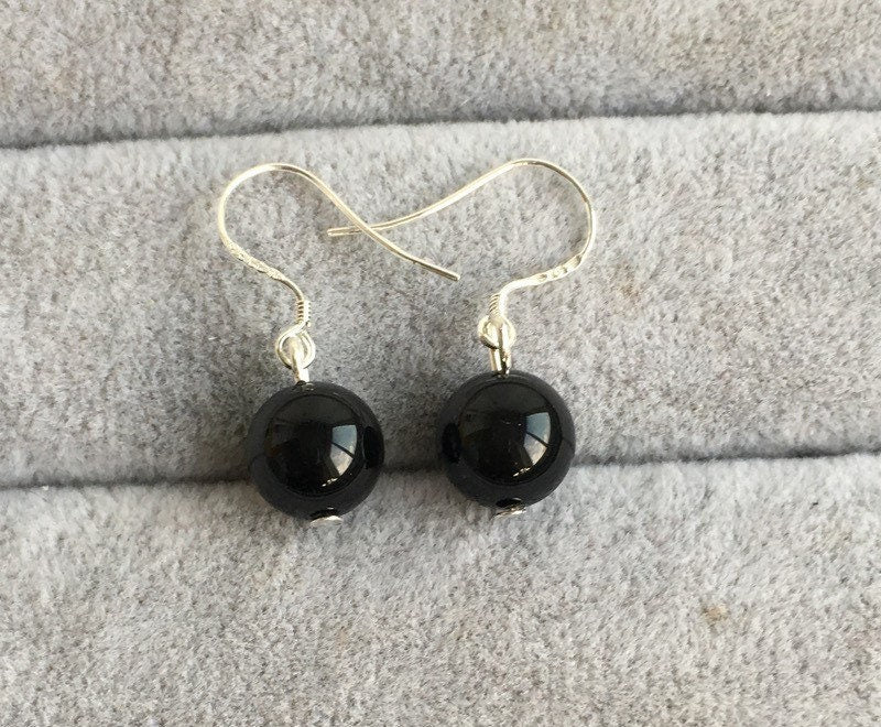 S925 8mm AAA Black Obsidian Dangle Earrings