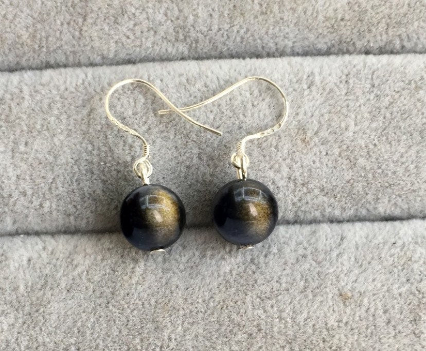 S925 8mm AAA Black Golden Obsidian Dangle Earrings