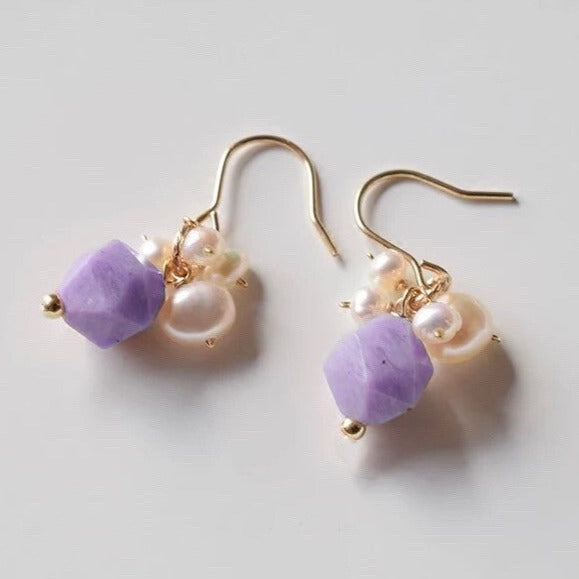 Natural Rose Quartz/Aquamarine/Amethyst Pearls Earrings 18k Gold Plated Dangle