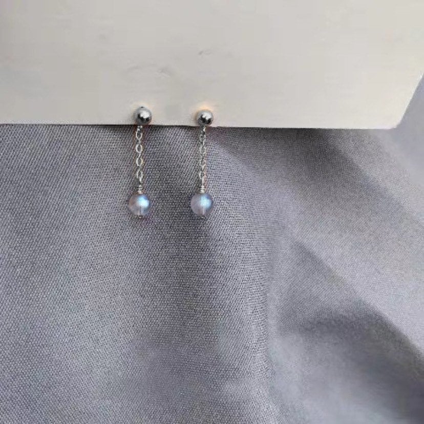 골드 도금/실버 5mm 미니 천연 래브라도라이트 스터드 스틸 귀걸이 3cm 미니멀리스트