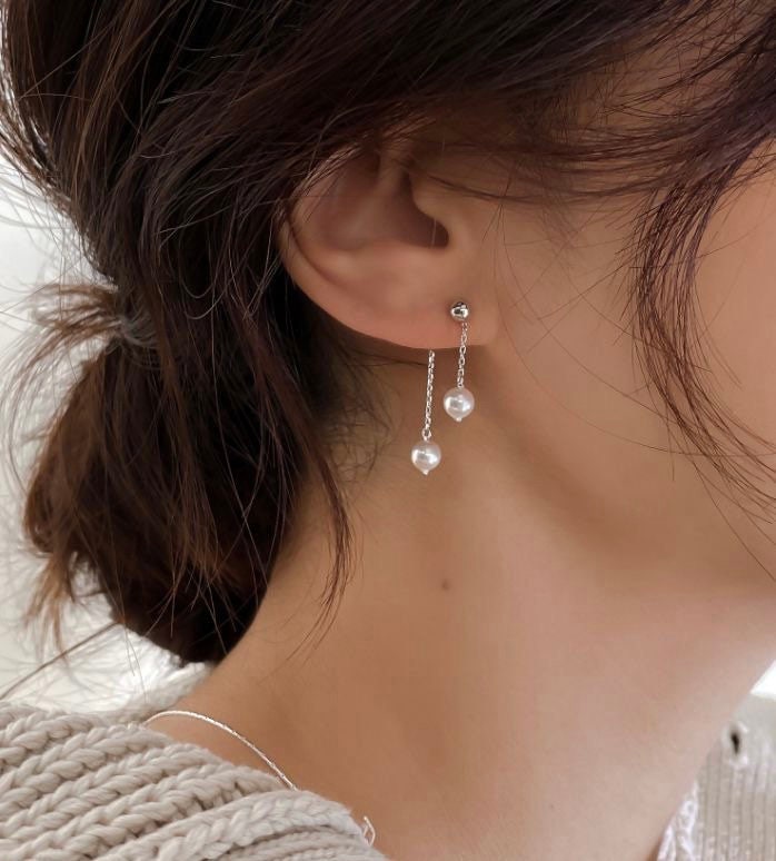 한국 이중 체인 5mm 크리스탈 진주 귀걸이 스테인레스 스틸