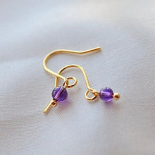 Load image into Gallery viewer, 18K gold-plated earrings with 3-4mm purple natural crystal mini amethyst beads. Elegant and vibrant, ideal for adding a pop of color to your look.
