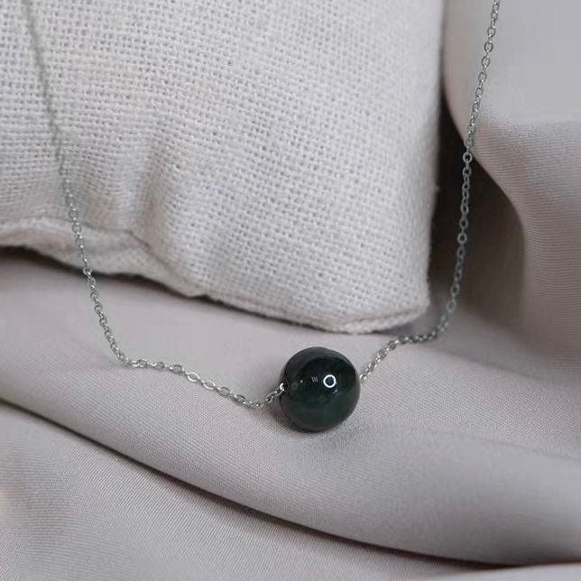 S925 Burmese Small 8mm Natural Dark Green/White Jade Jadeite Necklace ~15.5-17 inches