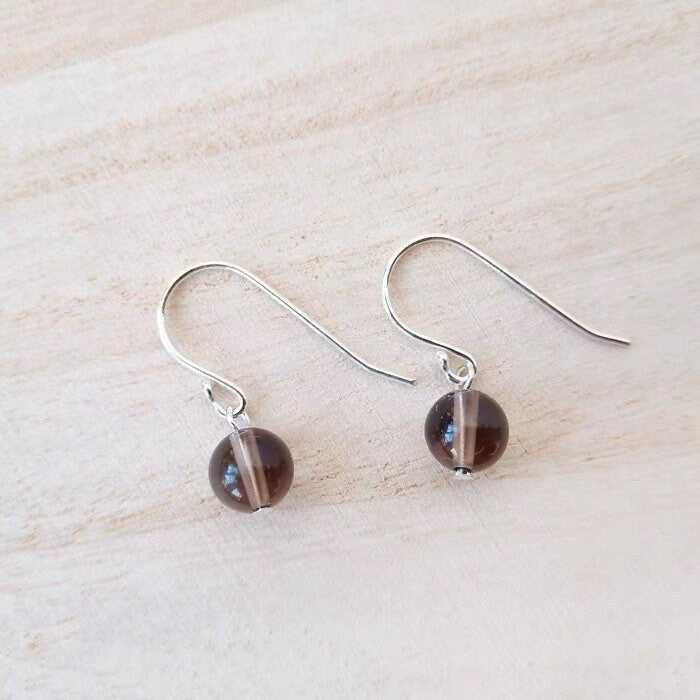 Minimalist Style Small Silver Dangle 7-8mm Natural Smoky Quartz Crystal Gemstone Earrings