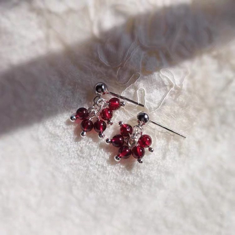 Steel Dangle Style 3mm Tiny Small Brazil Garnet Beads Birthstone Earrings