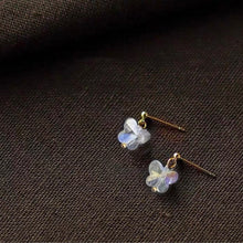 将图片加载到图库查看器，18K gold-plated earrings with 14mm clear AB rainbow butterfly faceted beads. Playful and elegant, ideal for adding sparkle to any outfit.
